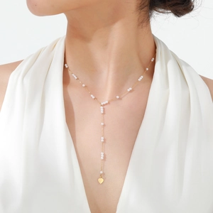 Elegant Y-Shaped Necklace Heart Pendant Stainless Steel Gold Plated Faux Artificial Pearl Fashion Jewelry For Women Daily Accessorizing