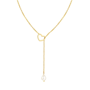 Elegante goldene Edelstahl Y-Halskette mit Herzglied und barocker Perle als Anhänger