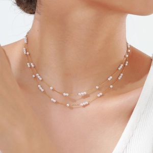 Collier Double Couche En Acier Inoxydable Avec Künstliche Perles D'imitation Plaqué Or Élégant Bijoux De Mode Pour Femmes