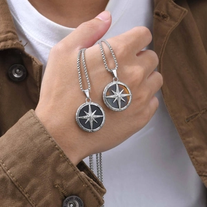 Men's stainless steel necklace with octagram star and natural tiger eye stone pendant