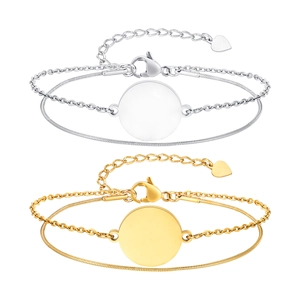 Dual-layer gold and silver stainless steel chain bracelet with engravable disc pendant