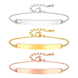 Customizable curved ID tag bracelets in gold, rose gold, and silver stainless steel