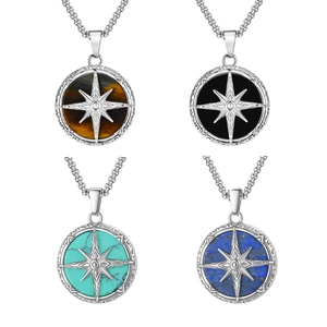 Men's stainless steel necklace set with compass star pendants and natural tiger eye stones