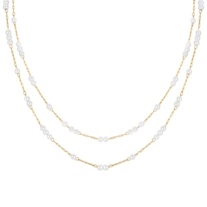 Collier double couche en acier inoxydable doré orné de petites perles blanches minimalistes