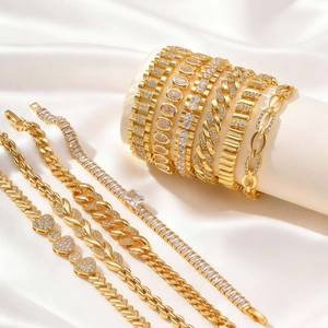 Gold-plated copper bracelet set with zircon stones and watch-band style chains for women