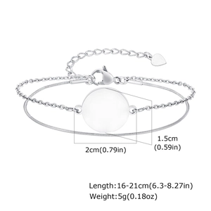 Double-layered silver stainless steel chain bracelet with a round tag and heart charm
