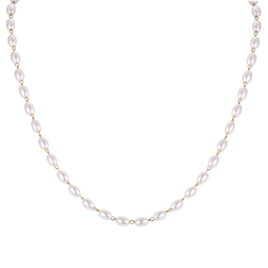 Minimalist gold necklace featuring white oval pearls on a delicate gold chain for women