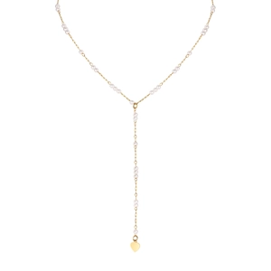 Elegant gold Y-shape necklace with white faux pearls and a smooth heart-shaped pendant
