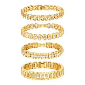 Four-piece set of gold-plated bracelets featuring chunky watchband and zircon Cuban links