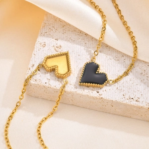 Edelstahl Gold Schwarz Herz Anhänger Halskette Für Damen Schwarz Emaille Tropföl Milgrain Rand O-Kette Modeschmuck