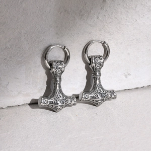 Boucles d'oreilles rétro en acier inoxydable avec pendentif Mjölnir viking sur pierre