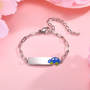 Kids silver stainless steel chain bracelet with cute blue car charm and metal plate