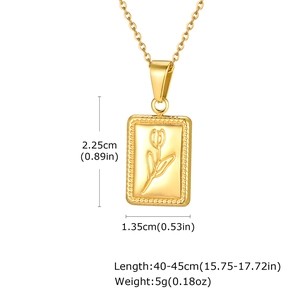 Detailed view of gold square tulip pendant with dimensions of 2.25x1.35cm and chain length