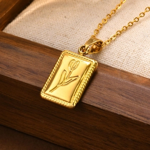 Vintage gold stainless steel necklace with embossed tulip rectangular pendant on a chain