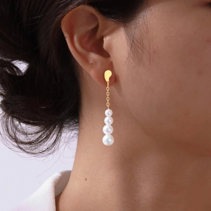Gros plan de boucles d'oreilles dorées avec dégradé de quatre perles sur un mannequin
