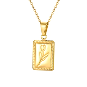 French vintage style gold stainless steel rectangular pendant necklace with tulip relief