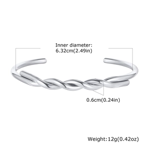 Detailed view of silver twisted cuff bracelet showing 6.32cm inner diameter and 0.6cm width