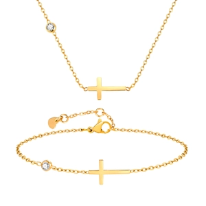 Goldenes Edelstahl Kreuz Halskette und Armband Set mit weißem Zirkon Edelstein