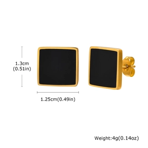 Macro shot of square gold earrings with black enamel inlay measuring 1.3cm by 1.25cm