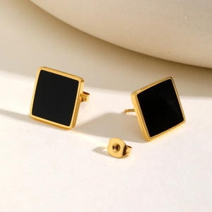 Minimalist square gold stainless steel stud earrings with black enamel inlay