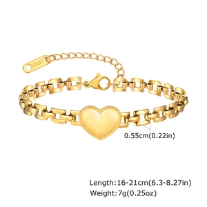 Detailed view of golden stainless steel heart bracelet with sizing measurements shown