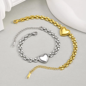 Gold and silver stainless steel heart charm bracelets with wide flat link chain and lobster clasp