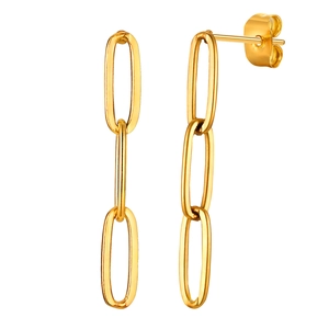 Minimalist golden stainless steel triple link drop earrings on a white background