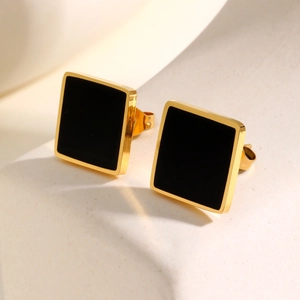 Minimalist square gold stud earrings featuring polished black enamel inlay for women