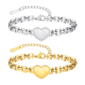 Gold and silver stainless steel heart charm bracelets with watch-style links