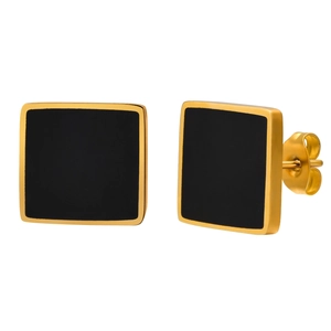 Square geometric gold-plated stainless steel stud earrings with black polished enamel inlay
