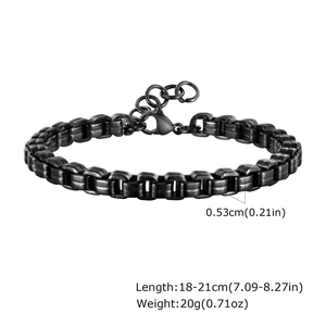 Detail view of black box chain bracelet showing lobster clasp and measurement specifications