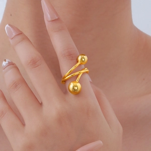 Stainless Steel Gold Wrapped Open Ring For Women Minimalist Spiral Double Ball Fashion Jewelry Daily Wedding Party Ring