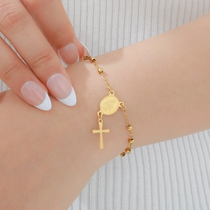 Bracelet chapelet en acier inoxydable doré avec médaille de la Vierge Marie et croix