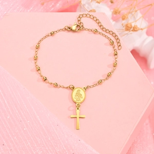 Bracelet en acier inoxydable doré avec médaille de la Vierge Marie et pendentif croix