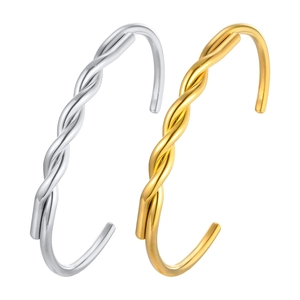 Minimalist twisted open bangle set in polished gold and silver finish stainless steel