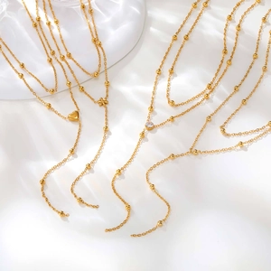 Collier Double Rang en Acier Inoxydable en Forme de Y Chaîne à Billes Plaquée Or Pour Femme Elégant Pendentif Cœur Fleur Strass