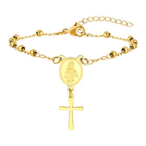 Bracelet chapelet en acier inoxydable doré avec médaille de la Vierge Marie et petit pendentif