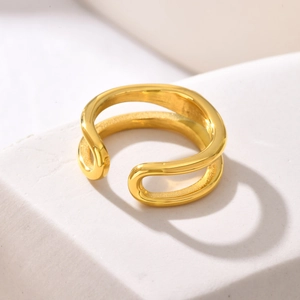 Polished gold-plated stainless steel open ring with a layered wavy curved design
