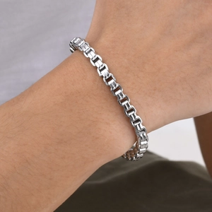 Polished silver stainless steel box chain bracelet for men with geometric links