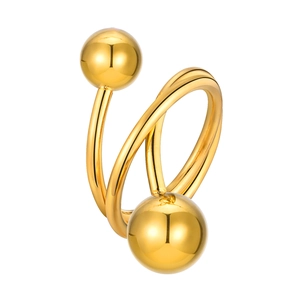 Polished gold stainless steel triple-layered spiral ring with sphere ends for women