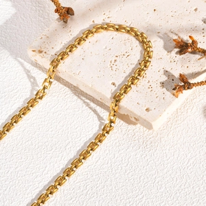 Golden stainless steel watch band chain necklace with flat rectangular links for women