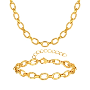 Parure en acier inoxydable plaqué or 18K avec maillons ovales torsadés et polis
