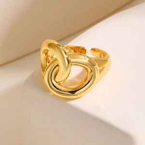 Elegant gold-tone interlocking circles open ring with high-polished metal finish