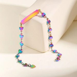 Rainbow plated stainless steel heart chain bracelet with blank rectangular ID tag