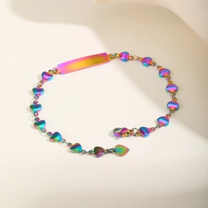 Rainbow heart link chain bracelet with blank rectangular ID plate and lobster clasp