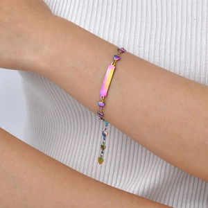 Iridescent stainless steel heart link bracelet with blank engraving plate for women