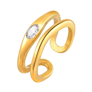 Polished gold double-layer open ring featuring a sparkling marquise-cut white zircon