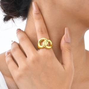 Elegant gold-plated infinity double interlocking ring for women shown on hand