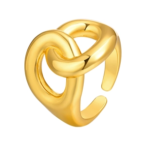 Polished gold infinity knot open ring with interlocking chunky circular bands