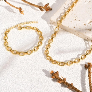 Bijoux Minimalistes en Acier Inoxydable pour Femmes Avec Chaîne à Maillons Ovales Texturés Collier Bracelet Doré